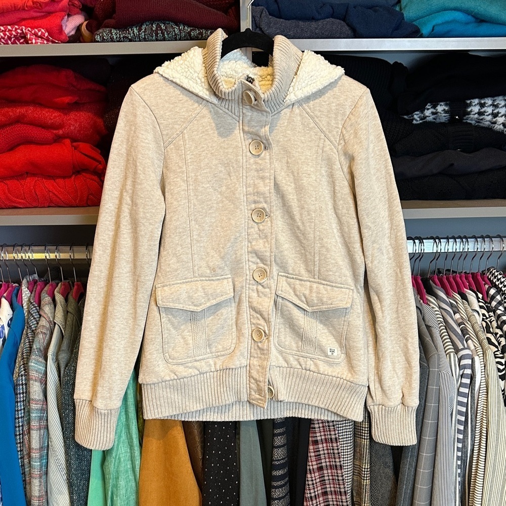 Billabong tan fleece lined front button/zipper closure 2 pocket jacket size L